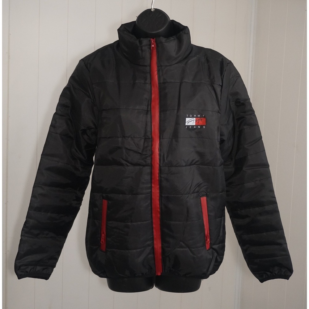 Tommy Jeans XL Black Puffer Jacket Red Contrast Trim Padded Coat